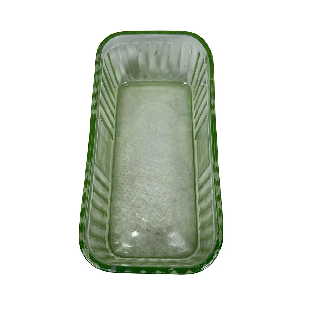 Vintage Green Uranium Depression Glass Ribbed Rectangular Refrigerator Dish